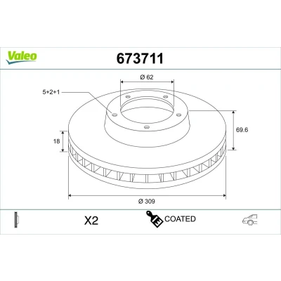 Imagem de VALEO Disco de travão Eixo traseiro 309mm 18mm 5furos ventilado 673711 Discos