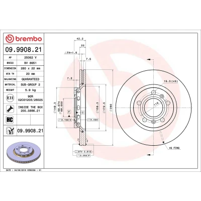 Imagem de BREMBO COATED DISC LINE 09.9908.21 Disco de travão 280 22 5 interior ventilado revestido alto carbono com parafusos AUDI: A8 D3