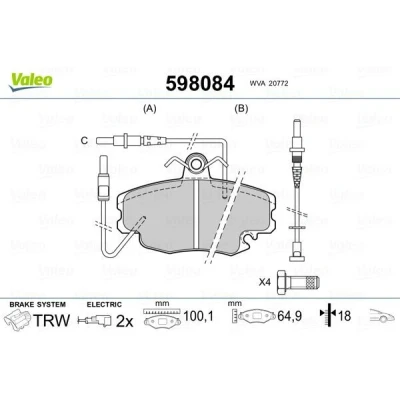 Imagem de VALEO 598084 Jogo de pastilhas para travão disco RENAULT: CLIO 2, 1, 2 Kasten, PEUGEOT: 205 II Hatchback, I Hatchback