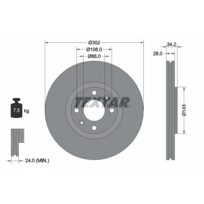 Imagem de TEXTAR PRO 92168503 Disco de travão 302 26 04/06 108 interior ventilado revestido sem pernos fixação da roda, cubo roda