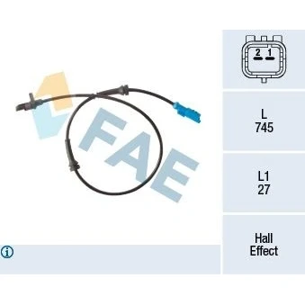 Imagem de FAE 78302 Sensor de ABS com cabo Hall 2pólos 745mm PEUGEOT: 207 Hatchback, CITROËN: C Elysée Sedan