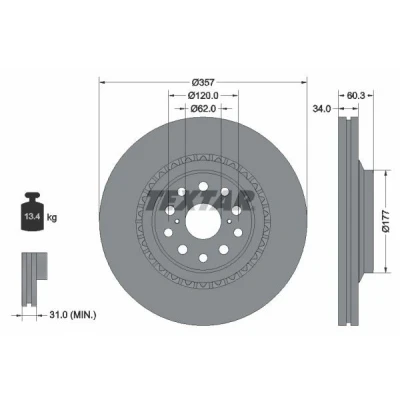 Imagem de TEXTAR PRO 92224303 Disco de travão 357 34 05/12 120 ventilado fora revestido sem pernos fixação da roda, cubo roda
