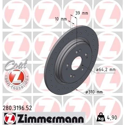 Imagem de ZIMMERMANN Disco de travão 310mm 10mm 9/5 5furos 114mm cheio, perfurado revestido 280.3196.52 42510TLAA00,42510TLYH00,42510TNYE00 Discos