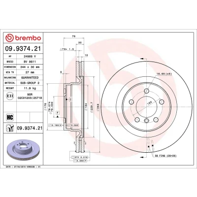Imagem de BREMBO COATED DISC LINE 09.9374.21 Disco de travão 344 30 5 interior ventilado revestido alto carbono