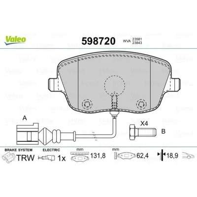 Imagem de VALEO 598720 Jogo de pastilhas para travão disco SEAT: Ibiza 3, Córdoba II Sedan, VOLKSWAGEN: Polo IV Hatchback, Transporter 4 Bus,