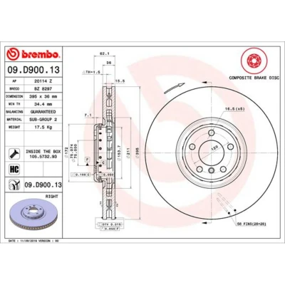 Imagem de BREMBO 09.D900.13 disco de travão 395 36 5 interior ventilado, duas peças revestido alto carbono com parafusos BMW: X5, X6