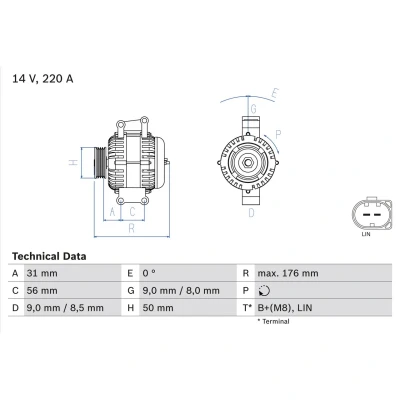 Imagem de BOSCH 0 986 047 640 Alternador 14V 220A MERCEDES BENZ: Classe E Sedan, Sprinter 4.6 T Camião de plataforma/Chassis, Vito Mixto