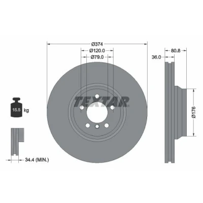 Imagem de TEXTAR PRO 92123003 Disco de travão 374 36 05/06 120 interior ventilado revestido sem pernos fixação da roda, cubo roda BMW: 7
