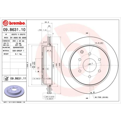 Imagem de BREMBO COATED DISC LINE 09.B631.11 Disco de travão 350 20 6 interior ventilado revestido