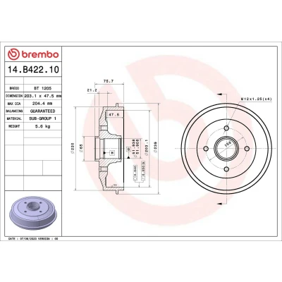 Imagem de BREMBO 14.B422.10 Tambor de Travão com jogo rolamentos roda 203,1 CITROËN: C3 II, C Elysée Sedan, PEUGEOT: 208 I Hatchback