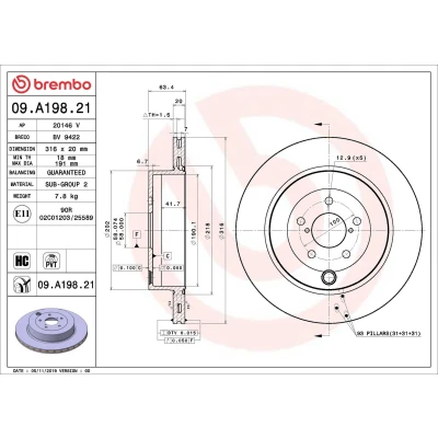 Imagem de BREMBO 09.A198.21 Disco de travão 316 20 5 interior ventilado revestido alto carbono