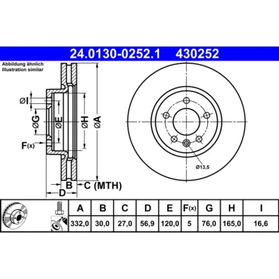 Imagem de ATE 24.0130 0252.1 Disco de travão 332,0 30,0 5 120,0 ventilado revestido ligado/alto carbono com parafusos VOLKSWAGEN: Amarok Pick up
