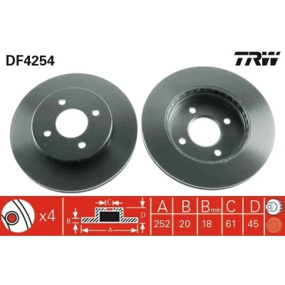 Imagem de TRW DF4254 Disco de travão 252 20 4 100 ventilado pintado NISSAN: ALMERA 1, 1 Hatchback, SUNNY 3 Liftback